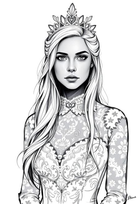 The image is a black and white portrait of a young woman with long blonde hair. She is wearing a white wedding dress with a high neckline and long sleeves. The dress is made of lace and has intricate beading and embroidery on the bodice. The woman is also wearing a tiara with feathers on top of her head. She has a serious expression on her face and is looking directly at the camera. The background is a plain grey color. The overall mood of the image is elegant and romantic.
<lora:FLUX-daubrez-DB4RZ-v2:0.35> DB4RZ, DB4RZ style painting <lora:illustration004:0.8> illustration004 chaotic expressive line-art scribbled and erratic strokes monochromatic black ink <lora:Scribble Portrait Drawing:0.35> Drawing <lora:aidmaMJ6.1_v0.5_3:0.35> aidmamj6.1, aidmamj6, mystcorbCE_style