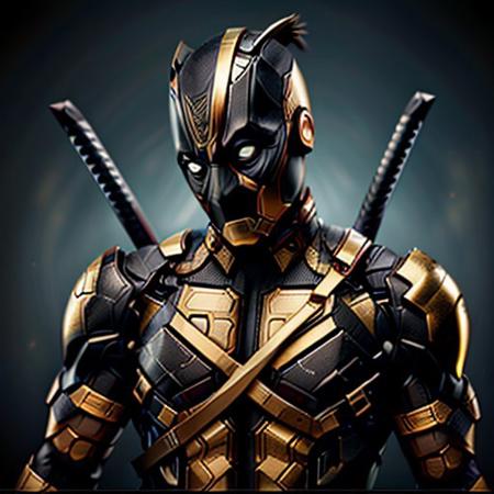 evang, blk_&_gold, evang, black and gold,  Deadpool character, tactical gear swords, guns, pouches, black and gold color schemed outfit, white eyes, detailed mask