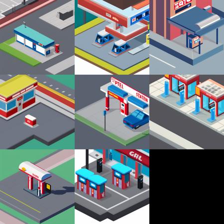 isometric gas station, isopixel style