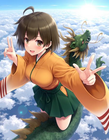 Hiryuu orange kimono and green hakama short skirt carrier-inspired flight deck accessory secured with white cord around the waist