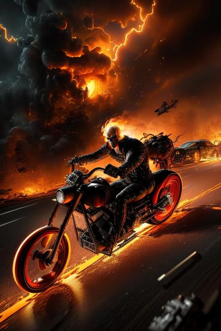 high quality, cinematic ray , realistic digital art illustration movie still of  ghostrider riding  a motorcycle (in a tornado:1.3) ,   epic lighting, cinematic lighting,   high res, (detailed image:1), insane details, soft,  hyper realistic,   (highly detailed:1.2), masterpiece, 8k uhd, digital art style ,  trending on artstation     <lora:ghostrider2:0.9>