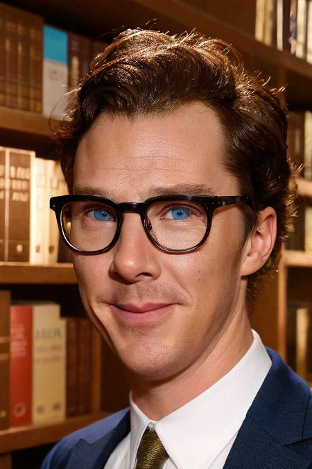 Portrait of bencumberbatch, a man wearing glasses, books, library, gears, light bulbs intertwine, bursting with vibrant colors, intellectual, genius