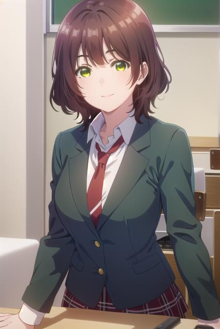 aoihinami, <lora:aoi hinami s1-lora-nochekaiser:1>,
aoi hinami, short hair, bangs, brown hair, (green eyes:1.5), smile,
BREAK skirt, shirt, long sleeves, school uniform, jacket, white shirt, pleated skirt, necktie, collared shirt, plaid, plaid skirt, blazer, red necktie,
BREAK indoors, classroom,
BREAK looking at viewer,
BREAK <lyco:GoodHands-beta2:1>, (masterpiece:1.2), best quality, high resolution, unity 8k wallpaper, (illustration:0.8), (beautiful detailed eyes:1.6), extremely detailed face, perfect lighting, extremely detailed CG, (perfect hands, perfect anatomy),