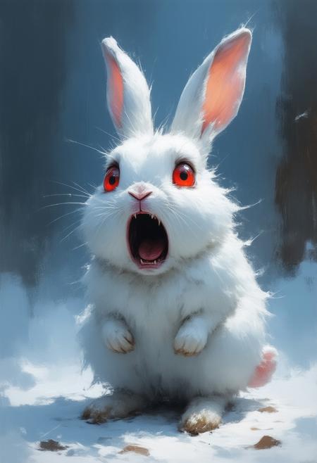 Art by Ismail Inceoglu ,A terrified rabbit emoji in Ismail Inceoglu's style. The rabbit has snow-white, fluffy long fur, soft in texture but bristling from fear. Its usually gentle red eyes are wide and round, showing a lot of sclera, pupils constricted to pinpoints from extreme terror. Both long ears are pressed flat back, or one is twisted upwards. Its pink nose twitches frantically, mouth open in a silent scream, revealing small incisors. The entire body conveys extreme panic and helplessness. Light focused on its horrified face. Surrealism, fur texture detail, terrified expression, digital painting, masterpiece.
