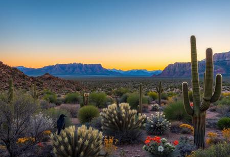 ultra real photograph of Arizona desert at dawn, mountains, cacti, mesquite, cottonwood, coyote, raven, godrays, landscape, breathtaking, with added desert flowers, natural erosion, low mountains, Yuma Arizona