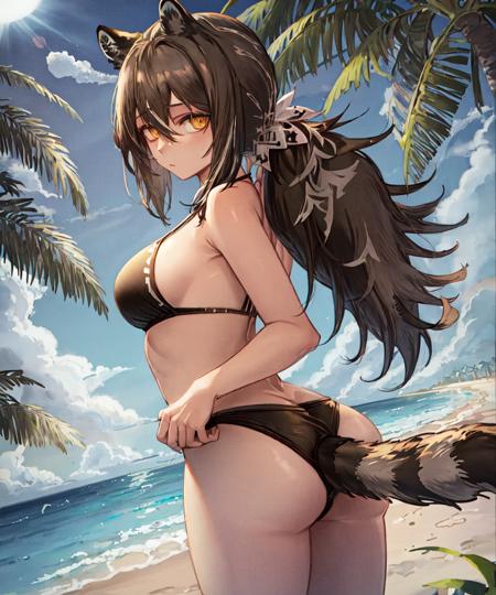 masterpiece, best quality, <lora:Robin768V1:0.7>, 1girl, robin \(arknights\), raccoon ears, raccoon girl, raccoon tail, animal hands, brown hair, hair between eyes, long hair, ponytail, yellow eyes, breasts, bikini, swimsuit, beach, palm tree