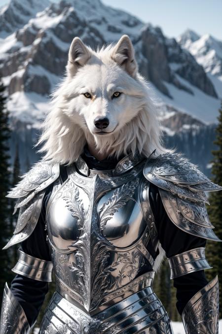 An anthropomorphic white wolf, strong body, looking at viewer, wilderness background, wearing engraved armor