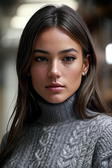 beautiful young woman (EP3ll4M3nd3ls0hn:.99), perfect hair, jewellery, ((portrait)), (closeup:1.2), ((from the waist up)),  (( warehouse  :1.2)), natural skin texture,  (( Cable Knit Turtleneck :1.2)), 24mm, 4k textures, soft cinematic light, adobe lightroom, photolab, hdr, intricate, elegant, highly detailed, sharp focus, ((((cinematic look)))), soothing tones, insane details, intricate details, incredibly_absurdres, hyperdetailed, low contrast, soft cinematic light, exposure blend, hdr, faded, now, ("I've got a bad feeling about this.":1.1)