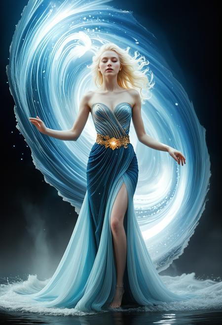 rating_safe, breathtaking detailed, masterpiece, absurdres, awe-inspiring, best quality, vibrant colors, photorealistic, (platinum blonde-haired goddess) BREAK (standing in the center of a swirling vortex of glowing water), BREAK (wearing an elegant deep blue gown that flows like liquid), (ornate golden belt with a glowing gem centerpiece), BREAK (arms relaxed, fingers gently curved), (her dress and hair flowing dramatically with the current), BREAK (the water forms luminescent spiral waves around her), (crashing like magic energy, with shimmering light effects), BREAK (mystical night sky with stars in the background), (soft spotlight on her pale skin and glowing silver tattoos), BREAK (ethereal and powerful expression), (strong silhouette, contrast-rich lighting), (cinematic atmosphere with glowing particles and fluid textures), BREAK (rocks and ocean below, faint mist rising), (fine fabric texture, high detail folds and reflection highlights)   <lora:sdxl_Lumiya_SDXL.safetensors:1.0:1.0> <lora:sdxl_crazywhatever-style.safetensors:0.4:0.4>