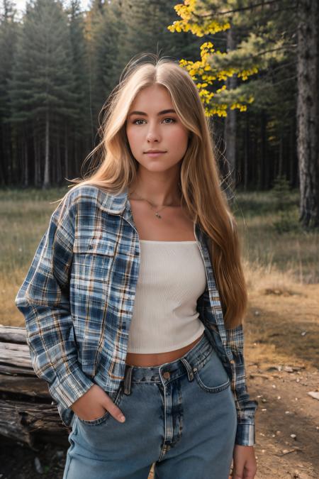 RAW photo of ellecryss, Flannel shirt and high-waisted jeans for a camping trip, (high detailed skin:1.2), 8k uhd, dslr, soft lighting, high quality, film grain, Fujifilm XT3, <lora:ellecryss:1>