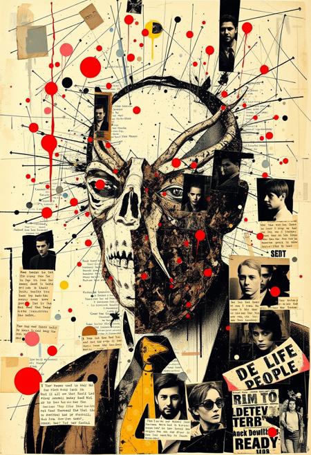 Outsider art. A surreal and deconstructed mixed-media collage in the style of Jacques Prévert with an urgent sense of chaos and energy. An analogue collage artwork blending fragmented styles, layers and textures. 
A punk stencil photocopy print of a man wearing a mask of dead people's skin.
Layered over this obscuring the image are multiple fragmented and overlapping layers of chaotic thick paint, splatters of paint, palette knife oil paint, handwritten scrawled text messages, torn photographs and broken distorted vintage photographs filling the canvas. 
Layers sections of repetitive brightly coloured dots in Yayoi Kusama style. Fragmented scribbles and abstract graffiti images in Jean-Michel Basquiat style over the top. This hides sections of the image below. Outlines are roughly redrawn in black ink and thick oil paint. The overall effect is manic and anarchic with an urgent sense of energy.