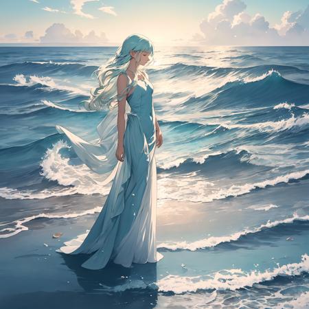 Title: "Whispers of the Sea: The Serene Beauty of a Woman Amidst Ocean Hues"
ArtStyle: Colored Pencil Drawing
- Texture: Smooth and flowing, with a focus on the fluidity of water and the softness of light
- Color Palette: A range of blues and greens, from the palest seafoam to the deepest teal, accented with pearlescent and sandy tones
SceneDescription:
- Subject: A woman depicted as a graceful embodiment of the ocean's spirit
- Appearance: Her skin has a subtle glow, reminiscent of the sun reflecting off the sea
- Expression: A look of peaceful contemplation, as if listening to the ocean's whisper
- Attire: A flowing garment that echoes the colors and textures of the sea, with elements resembling waves and sea foam
- Action: Standing or sitting near the water's edge, with a pose that suggests a deep connection to the sea
- Setting: A beautiful seascape
- Elements: The shoreline with gentle waves lapping at the shore, distant cliffs, and a soft, sandy beach
- Details: Shells, sea glass, and subtle marine flora, enhancing the oceanic theme
- Lighting: Soft and luminous, with the gentle light of dawn or dusk casting a serene glow over the scene
- Additional Details:
- Symbolic Elements: Marine motifs like shells, sea stars, or gentle ripples in the water
- Atmosphere: A sense of tranquility and oneness with the natural beauty of the seascape
Mood: A portrait of serene beauty, capturing the quiet majesty of the ocean and the woman's harmonious presence within it