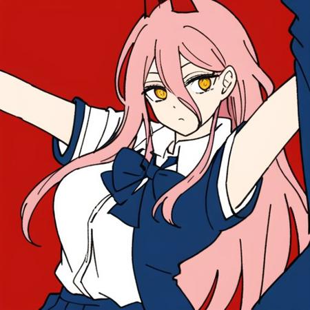 long hair, pink hair, school uniform, white shirt, short skit, power, posing, red background, small breast
 <lora:chainsawmanED4style:0.7>