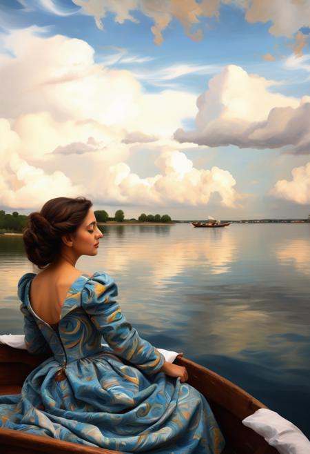in the style of Picasso, oil painting_\(medium\), period clothing, on a boat, beautiful woman, swirling clouds in the sky,