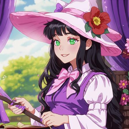 <lora:avas_retro_06-04:1>, 


1girl, bangs, black pantyhose, book, bow, broom, cauldron, closed mouth, dress, english commentary, eyebrows hidden by hair, flower, green eyes, hat, hat bow, highres, korean text, long hair, long sleeves, looking at viewer, menna \(0012\), nail polish, open book, pantyhose, pink flower, pink hair, pink nails, purple dress, purple headwear, red bow, red flower, sitting, sitting in window, sleeves past wrists, smile, solo, very long hair, white dress, white flower, wide sleeves, witch hat