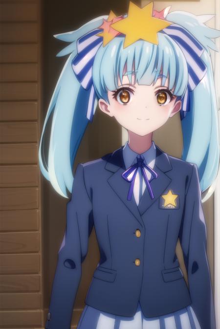 lily hoshikawa, hair ornament, ribbon, twintails, (brown eyes:1.5), blue hair, hair ribbon, star \(symbol\), aqua hair, star hair ornament, skirt, school uniform, blazer, black blazer, shirt, white shirt, collared shirt, long sleeves, white skirt,