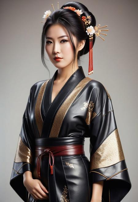 dvr-lthr, (leather:1.2), beautiful Asian woman, wearing leather intricate kimono, leather kimono, leather geisha, geisha hairstyle, geisha makeup, full length leather kimono,
sharp focus, (glossy leather clothing, glittering leather fabric), cowboy shot,
photograph, raw photo, hd, 8k, masterpiece, best quality, 90-60-90