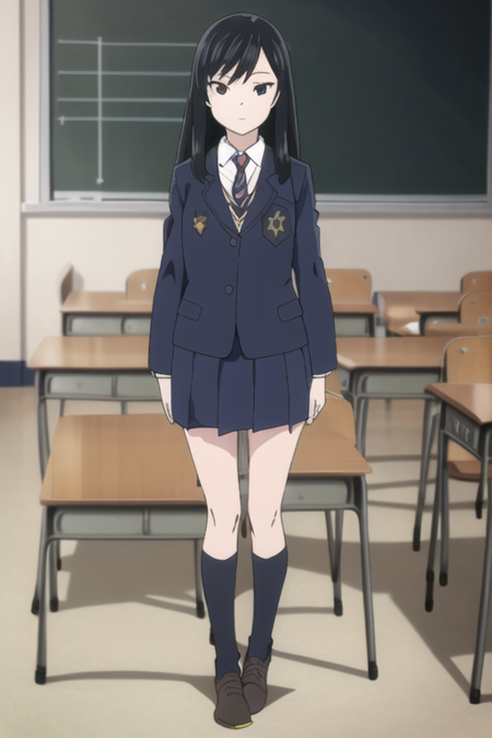 (masterpiece) , {school uniform} , {classroom} , posing, , {full body} , {1girl} , {solo} , {perfect perspective} , {perfect perspective} ,long hair, black hair, black eyes, medium breasts