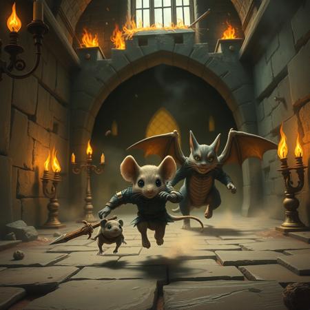Inside castle, burning torches on walls, metal bars, candelabra, little mouse whit a little rusty armor and a small sword runing escaping, behind a furious big cat in a dragon suit chasing the mouse, dust from his paws, parts of the castle falling from the roof, trembling
