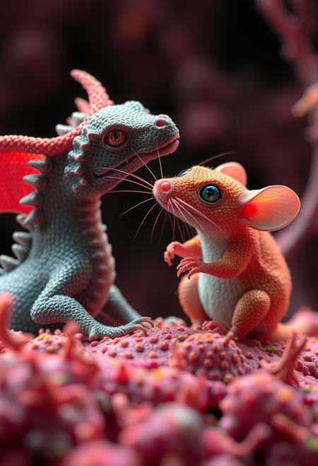surreal VFX, nano-dragon and nano-rat best friends for life seen under an electron scanning microscope, with details, vivid colors