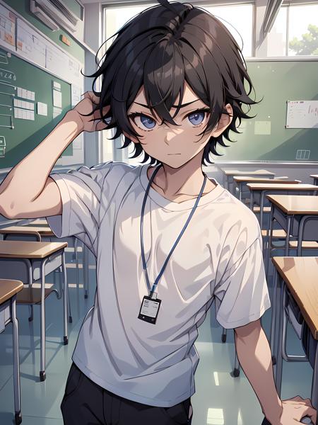 1boy, male, solo, age13, black hair, black eyes, detailed eyes, wearing white t-shirt untucked (short sleeves), wearing blue lanyard, wearing black slux pants, classroom, anime, high quality