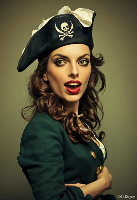 Facial expression style, illustration, ((clever pirate)) (Iranian:1.2) female (cute:1.4), (Gil Elvgren)