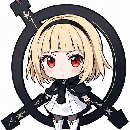 masterpiece, best quality,    <lora:OneDrakenGardV1-000080:1>, One, 1girl, red eyes, white background, chibi, short hair, blonde hair, simple background, holding, wheel, cross, weapon