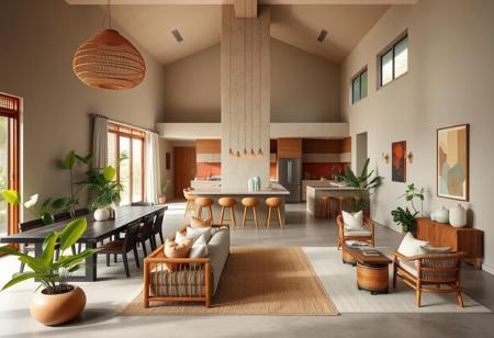 "A spacious living and dining room blending Wabi Sabi and Tropical Modern elements, grounded in a neutral palette of dusty gray and taupe. The furniture, including a traditional dark wood dining table seating 8-12 and a bamboo tea table by the window, is complemented by subtle saddle brown touches. Lime green and dark green plants add vibrant, natural accents, bringing the tropical aspect to life.
The walls are finished in light beige, creating a warm, minimal backdrop, while the central column is wrapped in textured clay to reflect the imperfect beauty of Wabi Sabi. Light salmon and pale cyan decor items, such as ceramic vases, woven cushions, and wall art, introduce soft, muted color pops, blending seamlessly with the natural materials.
A sandy beige bar counter with a brick red backsplash separates the kitchen from the dining area, acting as both a functional space and an aesthetic focal point. Rattan pendant lights hang from the high ceiling, casting a soft, ambient glow over the room, while large windows invite abundant natural light, enhancing the organic, peaceful atmosphere. The room combines simplicity, warmth, and the calmness of nature, creating a serene yet vibrant living environment."