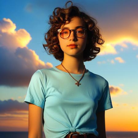 feminine, photograph, realistic, detailed, (small_breasts, perky_breasts, necklace, glasses, thick,
(20yo, nsfw, 1girl, pubic hair, short wavy hair, pretty, rouge,:1.4), sensual, exotic, mesmerizing, evocative, entrancing, artless, young, fresh, solo, (style of Henry Scott Tuke), (style of Anthony Thieme), (style of Gil Elvgren), :1.1), 
(1girl, solo, upper_body, sunset, evening, sky, from_side, gradient_sky,  twilight, nose, dusk, backlighting, blurry_background,  orange_sky, cloud, depth_of_field, sunlight, day, blue_sky, gradient_background, portrait, shirt,:1.0)