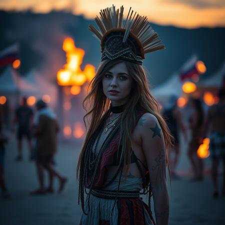 burning man festival in Russia, beautiful woman half dressed in strange cloth
