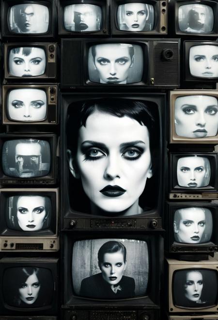 hyper realistic and extremely detailed retro photo of a wall filled with old televisions displaying a female model's face on it, makeup, Winona Ryder in repose, blade runner eyes, a monochrome photo, post grunge, circa 1 9 7 9, CRT screen, inspired by Mario Sironi, Serge Lutens and Nicolas Delort, gorgeous, very detailed picture, 8k movie still, cinematic, film grain, realistic textures, looking at viewer, dynamic pose, (intricate details, masterpiece, best quality:1.4)
<lora:add-detail-xl:0.5> <lora:xl_more_art-full_v1:0.5> <lora:looking_at_viewer:2>