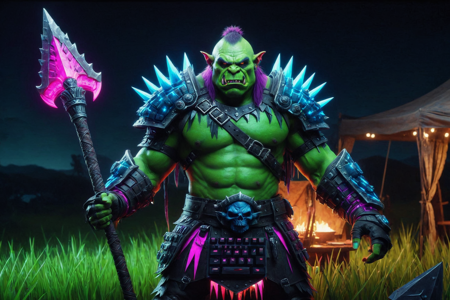 an orc raider made out of RGB Keyboards, with green skin, wearing spiked armor, holding a spiked club, solo, from the Shadowskull Clan, with dark cloaks shimmering with RGB lights and skull trophies, a digital war tent with neon leather walls, RGB weapon racks, maps on a table with RGB lights, detailed background, tanning a hide, stretching leather, with RGB lights pulsing, angry, clenched jaw, pulsing with RGB lights, wide shot, a neon blacksmith competition with orcs forging, sparks with RGB lights flying, crowds watching, a glowing RGB dagger with RGB lights, nearby, on a neon grass plain, soft grass with RGB lights, RGB wind with glowing particles, RGB lights streaking, morning, soft sunlight, dew on grass, fresh air, best quality, vibrant colors, photorealistic style, high detail, high-definition, hyper-realistic, extremely high-resolution details, fine texture, incredibly lifelike, realistic, not cartoon, not drawing, highres, 4K resolution, source photo, realistic photo, masterpiece, best quality, amazing quality, very aesthetic, ultra-detailed, detailed textures, natural lighting, soft lighting, electric neon colors, bright pinks, purples, cyans, neon glow, vibrant and electric, overhead shot, <lora:RGB_Keyboard_themed-000008:1>