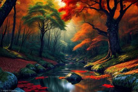 Whispers of Autumn's Elegance: As the year meanders gently towards its twilight, the forest adorns itself in a cloak of vibrant hues, a testament to nature's quiet celebration of time's passage. Leaves, painted in fiery shades of crimson, gold, and amber, cascade softly onto the forest floor, creating a tapestry rich in color and texture. The air is crisp, carrying with it the subtle fragrance of pine and the earthy scent of decayed leaves, a reminder of life's perpetual cycle of renewal. In the heart of the forest, a solitary, ancient oak stands majestically, its branches stretched out like the fingers of a wise sage, inviting the weary to find solace underneath its expansive canopy. A gentle stream, its waters clear and melodious, winds its way through this vibrant landscape, stones and pebbles lining its bed like jewels forgotten by time. No creatures stir in this moment; all is still save for the whispering wind, creating a scene of serene isolation, an ode to the sublime beauty of the ephemeral. #forest #autumn #leaves #stream #ancient_oak #vibrant_colors #serenity #isolation