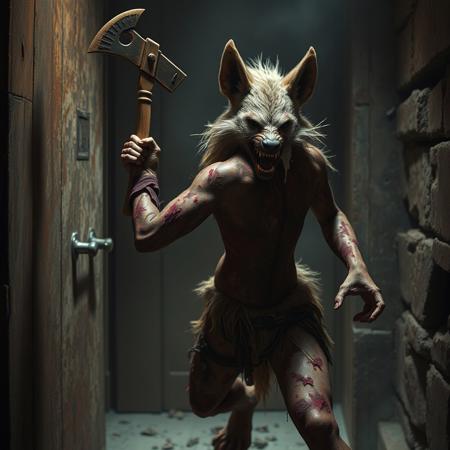 Female anthro hyena with tomahawk break door open, view from other side, berserk mode, in dungeon, severe burns all over body, covered in burned fur patches, in rage, in pain, foam on mouth