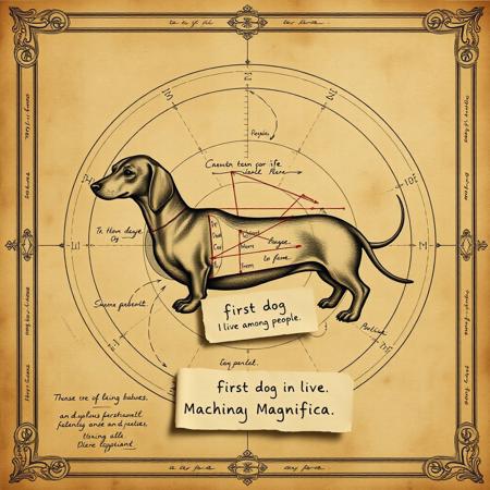 a davinci diagram in the style of the voynich manuscripts, depicting a dachshund, hand written annotations, aged parchment, Machina Magnifica. Note affixed that says "first dog to live among people", 4k quality