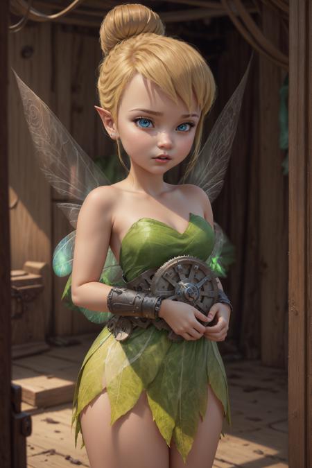 masterpiece, 8k, perfect ligthing, , adult, female, looking at viewer, cinematic lighting, cowboy shot,  TinkerBell, (TinkerBellWaifu:1.1), single hair bun, (dress), (green clothe), (transparent fairy wings:1.6), (green clothe), ((clothes made from leaves)), pointy ears, blue eyes, blush, shrunken, inside clock, mechanical clock, gears in the background, (tinkering:1.5), pixiedust,   <lora:TinkerBellDisney-06:0.6> <lora:realisticGlossyFaceSkin_rseromanticRsesofiko:0.3><hypernet:empty:0.5>