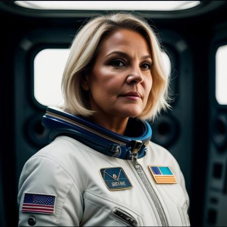 1female, 65 years old, Chubby, Silvia saint look, snub nose, blond and grey hair, short hair, snub nose,  Detailed Colorful Fashion, standing, in a space station, wearing a space suit, natural, eyes contact, scenic, shallow depth of field, vignette, highly detailed, high budget Hollywood film, bokeh, cinemascope, moody, epic, gorgeous, film grain, Canon EOS R,Canon RF 85mm F1.2L USM, ISO 100
<lora:Detailed Colorful Fashion By Stable Yogi:0.8> Detailed colorful fashion yellow
<lora:DETAIL_SLIDER_BY_STABLE_YOGI:0.8>
<lora:NOISEOFFSET_BY_STABLE_YOGI:0.8>darkness