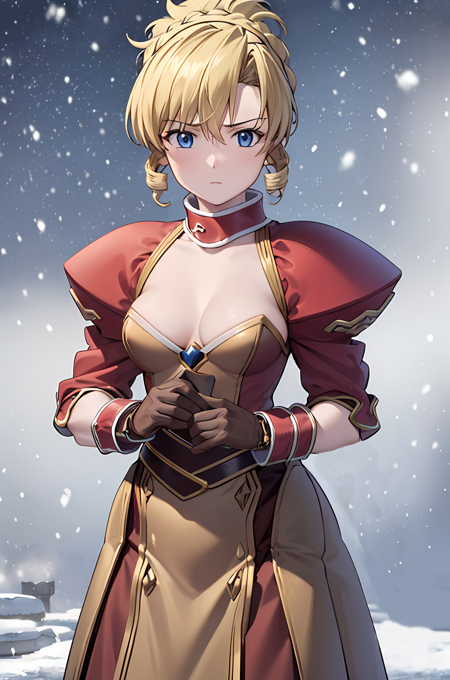 (exceptional, best aesthetic, new, newest, best quality, masterpiece, extremely detailed), 1girl, solo, pacificacasull, looking_at_viewer, serious, tied_hair, red_sleeves, collar, yellow_dress, belt, brown_gloves, winter, snowing, snow, cold