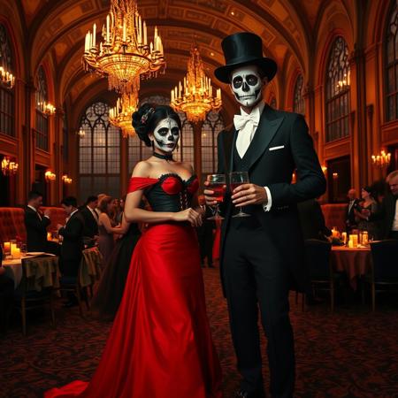 The man, dressed in a classic black suit with a white tie and white face paint in the style of a traditional Day of the Dead celebration, is holding a drink. His face paint includes a skull design, and he wears a black top hat. The woman, dressed in a striking, floor-length red gown with a black corset, has her hair styled in an elegant updo. She also wears black face paint, with a white skull design and a black choker. 
The background features an ornate ballroom with high, arched ceilings adorned with elaborate chandeliers casting a warm, golden glow. The walls are lined with tall, gothic windows, and the floor is covered in a rich, dark, patterned carpet. The room is filled with other guests, dressed in formal attire, engaged in conversations or dancing. Tables are set up with elegant tablecloths and candles, adding to the ambiance. The overall atmosphere is dark and mysterious, with a blend of elegance and macabre elements. The image combines elements of fantasy and historical fiction, creating a surreal, immersive scene.