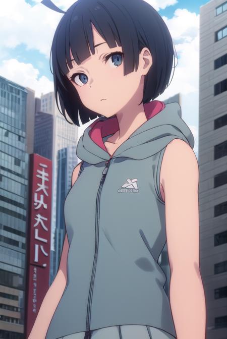 touka kishi, short hair, black hair, bob cut, bangs, blunt bangs, (black eyes:1.3), ahoge, skirt, hood, hoodie, sleeveless, hood down, sleeveless hoodie,