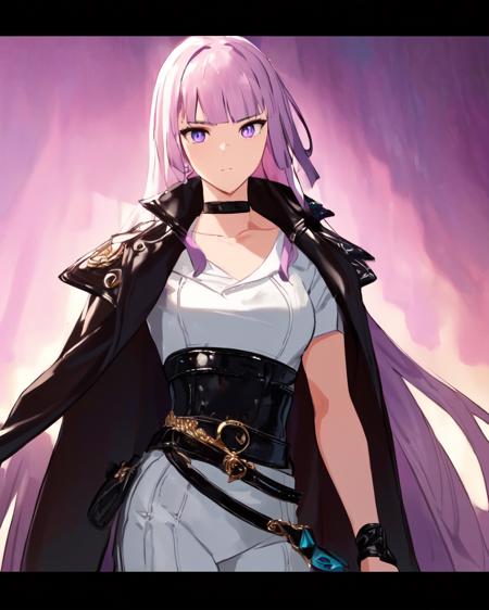 <lora:e7 Lilias2:1> e7 Lilias, lilac hair, lilac eyes, small breasts, (very long hair), choker, (hair ties), wearing a cape, leather wide black belt with tasks, white clothes, side button,
(masterpiece),  best quality, highres, 4k, 8k, Detailed Illustration, intricate detail, cinematic lighting, amazing quality, 1girl, fit female, amazing shading, soft lighting, facing camera, perfect eyes,