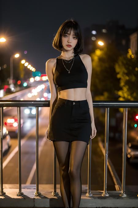 <lora:overbridge_20230616201551-000004:0.8>,overbridge,1girl,solo,bob cut,black hair,midriff,(night:1.3),looking at viewer,(standing,black_pantyhose:1.3),
(soft lighting, high saturated),vivid illumination,enchanting elegance,atmospheric depth,masterful technique,naturalistic representations,harmonious composition,creative refinement,striking juxtapositions,