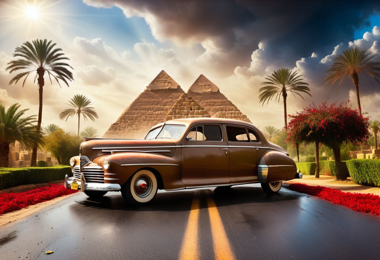 cinematic photo of 1946 Hudson Commodore, magnificent three pyramids of Giza appear clearly, charm, highly detailed car, Professional lighting, full of life, Lively and energetic, 8K, rays of sun flow beyond heavy clouds, HDR, Fast & Furious movie, motion blur, moving tires, Cinematic Shot, Cinematic Lighting, amazing world, pure perfection, Need For Speed, wide angle exterior background, wet asphalt road, autumn leaves, grass, flowers, jasmine flowers, palm trees, nebula horizon.