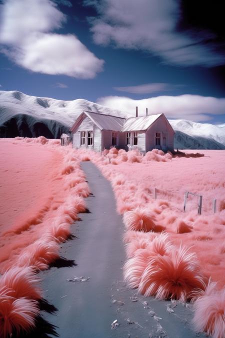 <lora:Infrared Photos:1>Infrared Photos - A wide angled Landscape infrared photo-realistic image of Life and beauty across beautiful New Zealands diverse landscapes from the Beautiful Canterbury and Otagos plains and rolling hills with old abandoned Pubs and old abandoned buildings out in the middle of nowhere, landscape photography, natural lighting, Fox glacier, Award Winning Photography, New Zealand, high definition, 32k