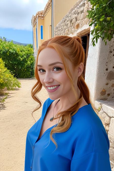 a medium color portrait photo of tfftgirlv05-200 wearing a blouse on a greek island smiling, ponytail