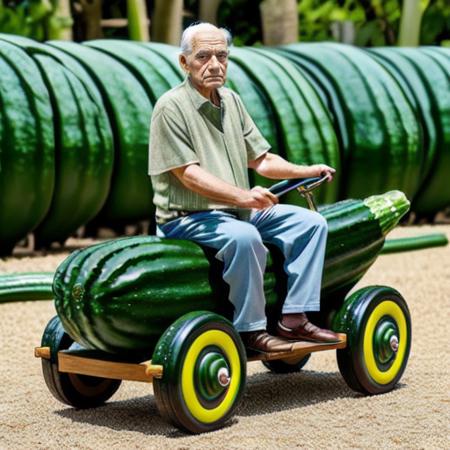 <lora:pandacar_v1:0.5>, (old man:1.1), sit astride, attraction, ground vehicle, handle, realistic, wheel, car, cucumber