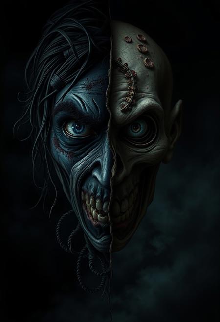 A photorealistic image with a distinct split, creating an eerie, creepy atmosphere.  Dark tones and unsettling details populate the divided sections, emphasized with dramatic lighting and bold areas. Intricate details are present throughout.