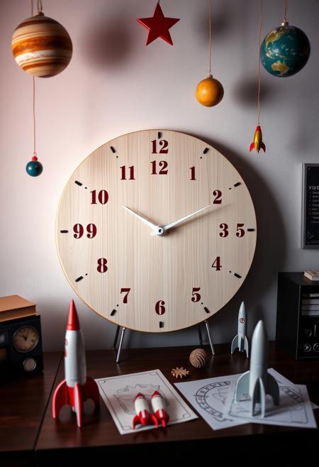 A large light round dial of a lacquered wood dial stands on a desk against the wall. Its thin arrows are made in the form of stylized white space rockets with red nozzles. The numbers on the dial are bright red. the atmosphere of the space theme. Mock-ups of planets and a mock-up of the first Soviet artificial satellite of the earth hang from strings. There are paper drawings of rockets on the table in front of the clock.
