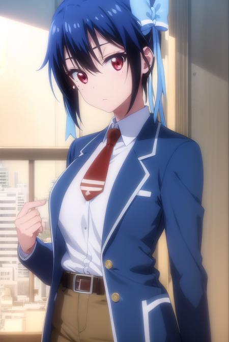 seishiroutsugumi, <lora:seishirou tsugumi s2-lora-nochekaiser:1>,
seishirou tsugumi, short hair, (red eyes:1.3), bow, blue hair, hair bow, mole, mole under eye, blue bow,
BREAK blazer, shirt, long sleeves, white shirt, necktie, collared shirt, belt, pants, red necktie, jacket, blue jacket,
BREAK indoors, classroom,
BREAK looking at viewer, (cowboy shot:1.5),
BREAK <lyco:GoodHands-beta2:1>, (masterpiece:1.2), best quality, high resolution, unity 8k wallpaper, (illustration:0.8), (beautiful detailed eyes:1.6), extremely detailed face, perfect lighting, extremely detailed CG, (perfect hands, perfect anatomy),