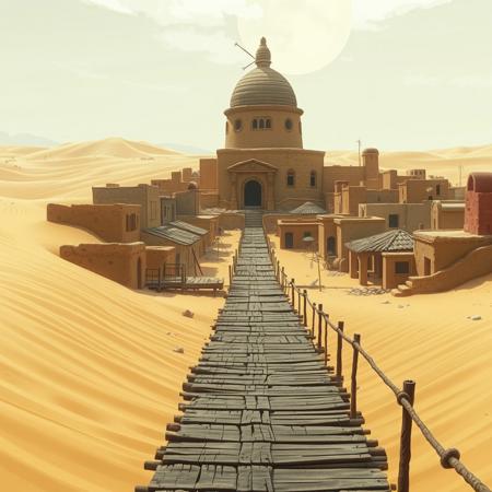 A liminal space in Sunagakure, the Hidden Sand Village, exactly as seen in Naruto. Endless dunes stretch beyond the village walls, their golden grains shifting subtly in the dry wind. The clay and sandstone buildings, shaped by time and erosion, stand tall against the arid landscape. The Kazekage’s dome-shaped tower rises in the distance, its curved architecture blending seamlessly with the desert environment.
The village is completely empty—no shinobi, no traders, no sound except for the occasional gust of wind stirring the sand. The wooden walkways and bridges remain untouched, their planks sun-bleached and weathered. The heat distorts the horizon, making the streets feel strangely endless, as if the village could stretch on forever. Sunagakure feels suspended in time, a place of stillness and solitude, waiting beneath the relentless sun.